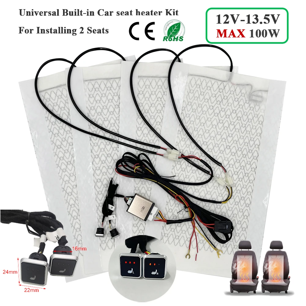 Universele Ingebouwde Autostoel Verwarming Kit Fit 2 Zetels 12 V 100 W Koolstofvezel Verwarming Pads met 3 Niveaus Schakelaar Systeem