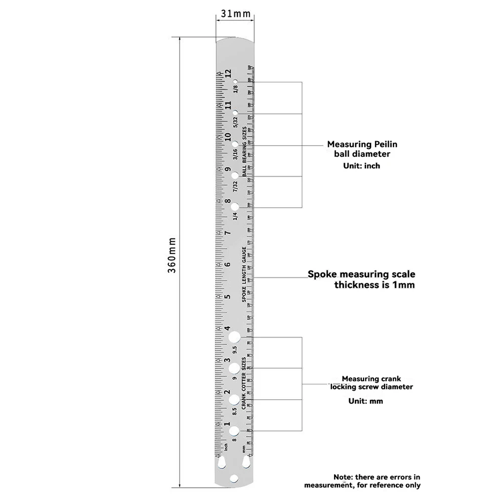 1x Bicycle Spoke Ruler Bike Spoke Length Gauge Crank Ball Bearings Cotter Pin Measuring Tool Sided Metric Imperial Clear Writing