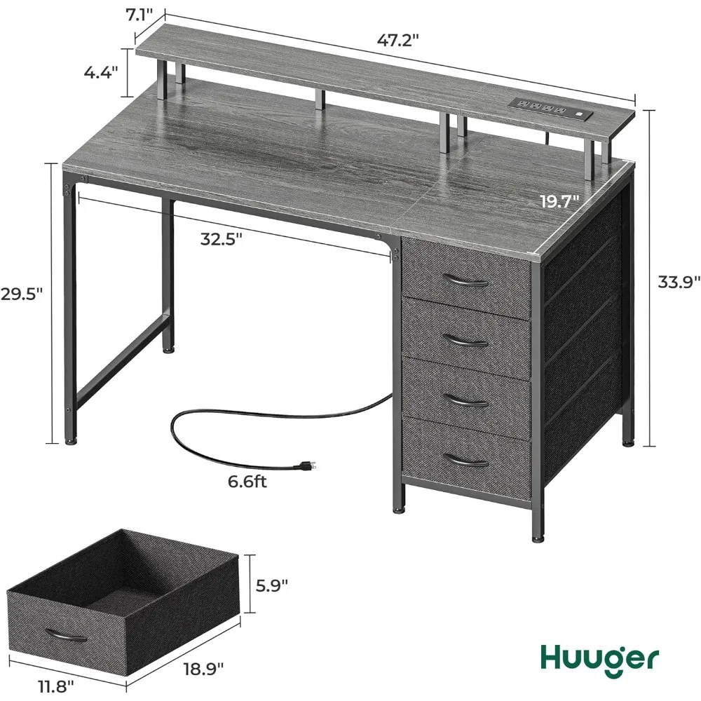 47 Inch Gaming and Office Computer Desk with 4 Drawers, LED Lights, Monitor Stand, Power Outlets, Ergonomic Design