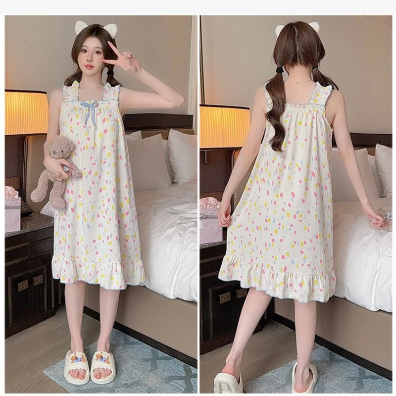 M-5XL Baju Tidur Wanita Ukuran Besar dengan Bantalan Dada Piyama Longgar Anak Perempuan Gemuk Musim Panas Wanita Gaun Panjang Sedang Tanpa Lengan Baju Rumah