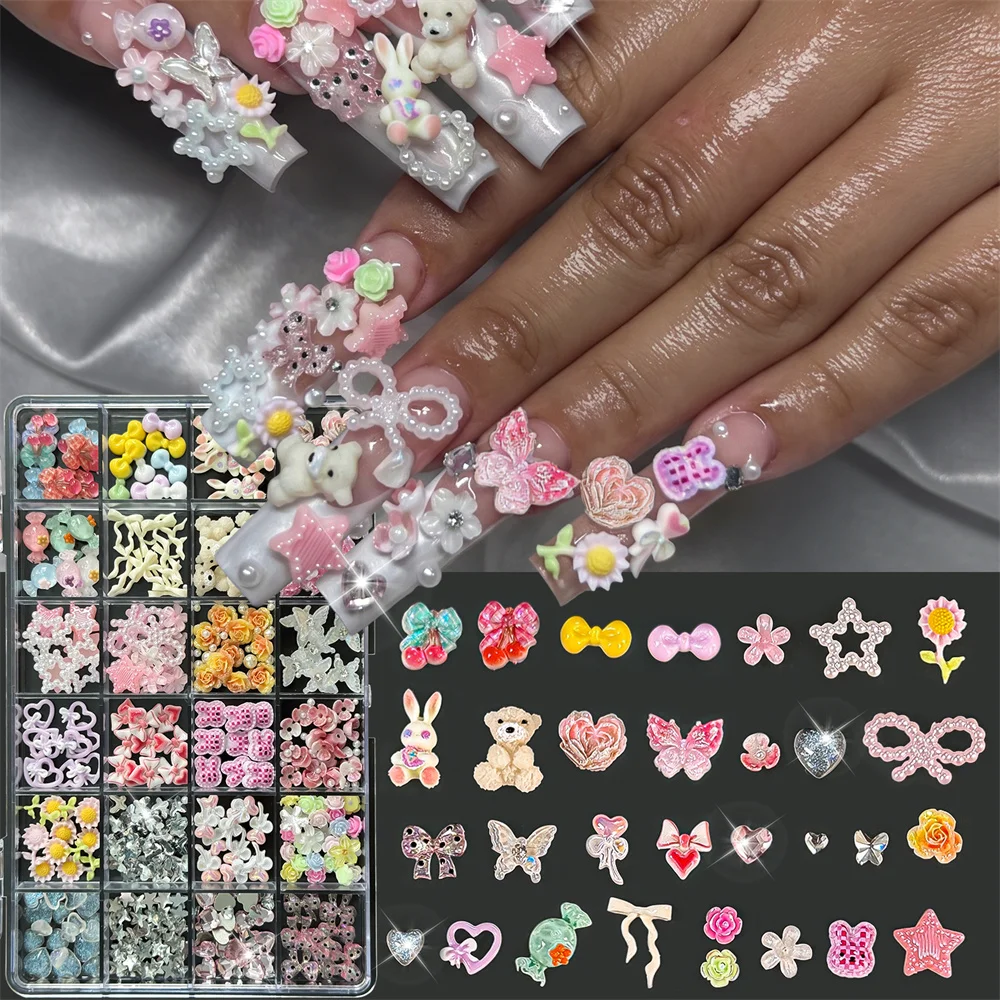 24Grids Multi-Use 3D Resin Nail Charm Kawaii Cute Teddy Bunny Candy Daisy Bow Pearl Rhinestone for Home Salon DIY Manicure Decor