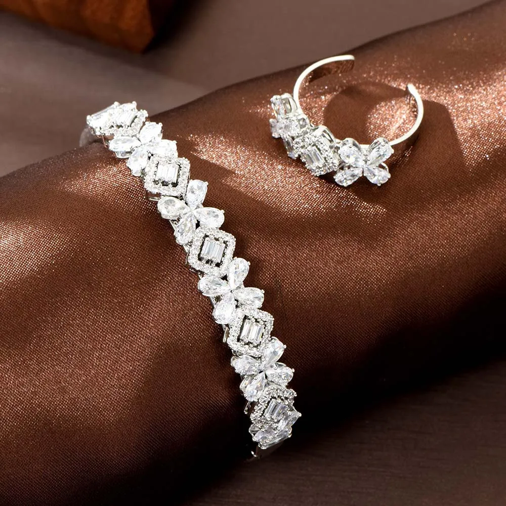 HIBRIDE Light Luxury Flower Jewellery Bracelet Ring Set Women's Dress Evening Party Wedding Hundreds with Accessories S-438