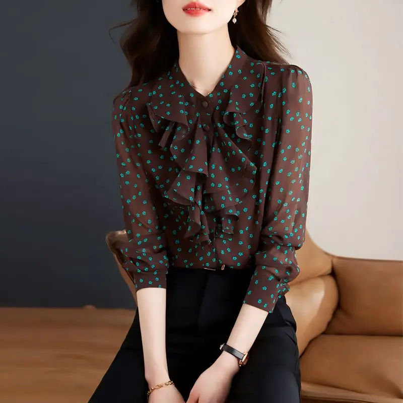 Women French Style Ruffles Floral Printed Shirts Office Lady Elegant Fashion Chiffon Blouses Casual Long Sleeve Loose Tops Blusa