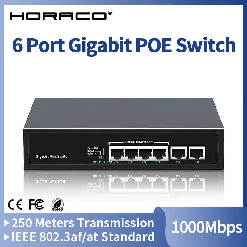 HORACO 6 Port Gigabit POE Switch 1000Mbps Active POE Network Switch 60W لكاميرا IP، NVR، المراقبة، CCTV، POE Camera