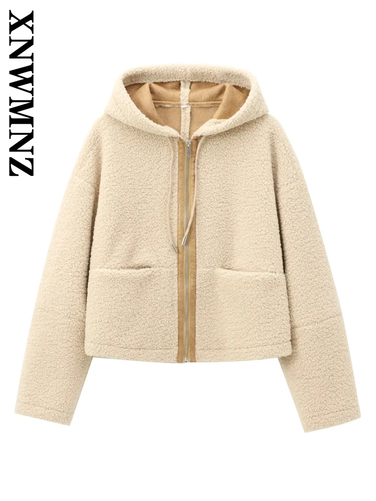 XNWMNZ Woman's 2024 Autumn/Winter Trendy Long Sleeve Beige Fleece Jacket Female Fashion Casual Hooded Collar zipper Pockets Coat