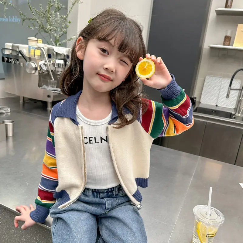 Autumn Winter Fashion Korean Kawaii Girls Cardigan Patchwork Kids Tops Casual Long Sleeve Sweaters Cute Y2K Children\'s Clothes