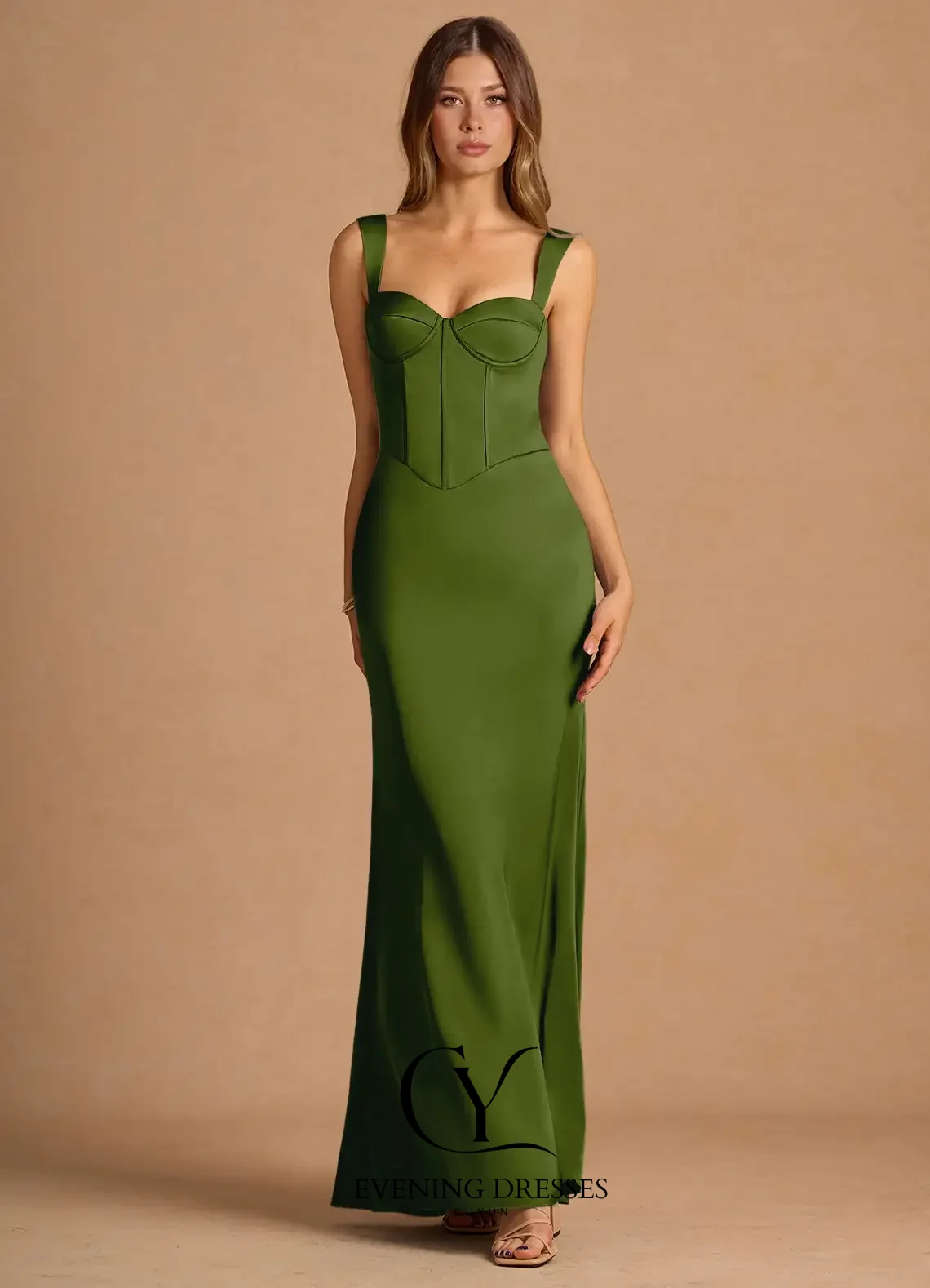 فستان ماكسي نسائي من CUYUN باللون الأخضر الزيتوني فستان سهرة على شكل قلب وأشرطة كتف أنيقة بطول الأرض فساتين حفلات مخصصة