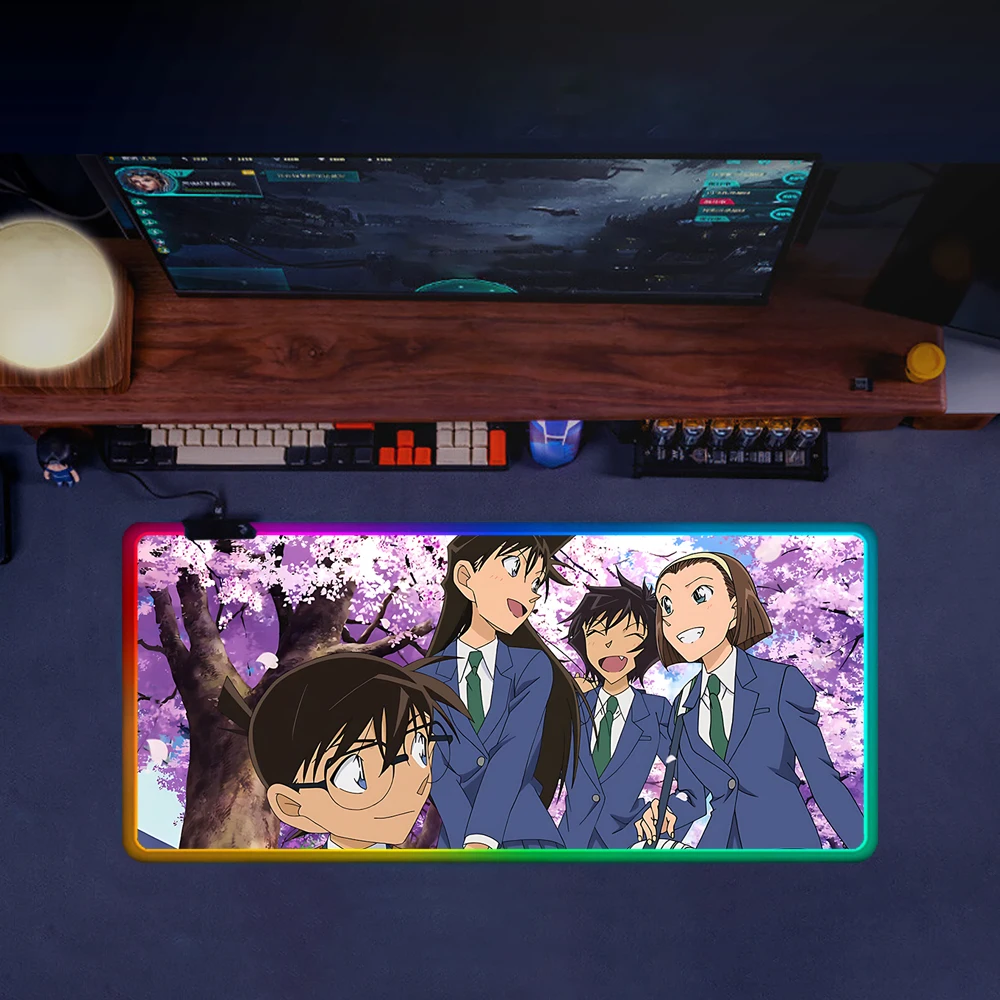 Cute anime Detective Conan RGB Pc Gamer Keyboard Mouse Pad Mousepad LED Glowing Mouse Mats Rubber Gaming Computer Mausepad