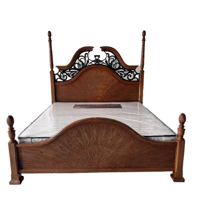

Американская светлая роскошная европейская плоская кровать из цельного дерева в стиле ретро, полая резная свадебная кровать