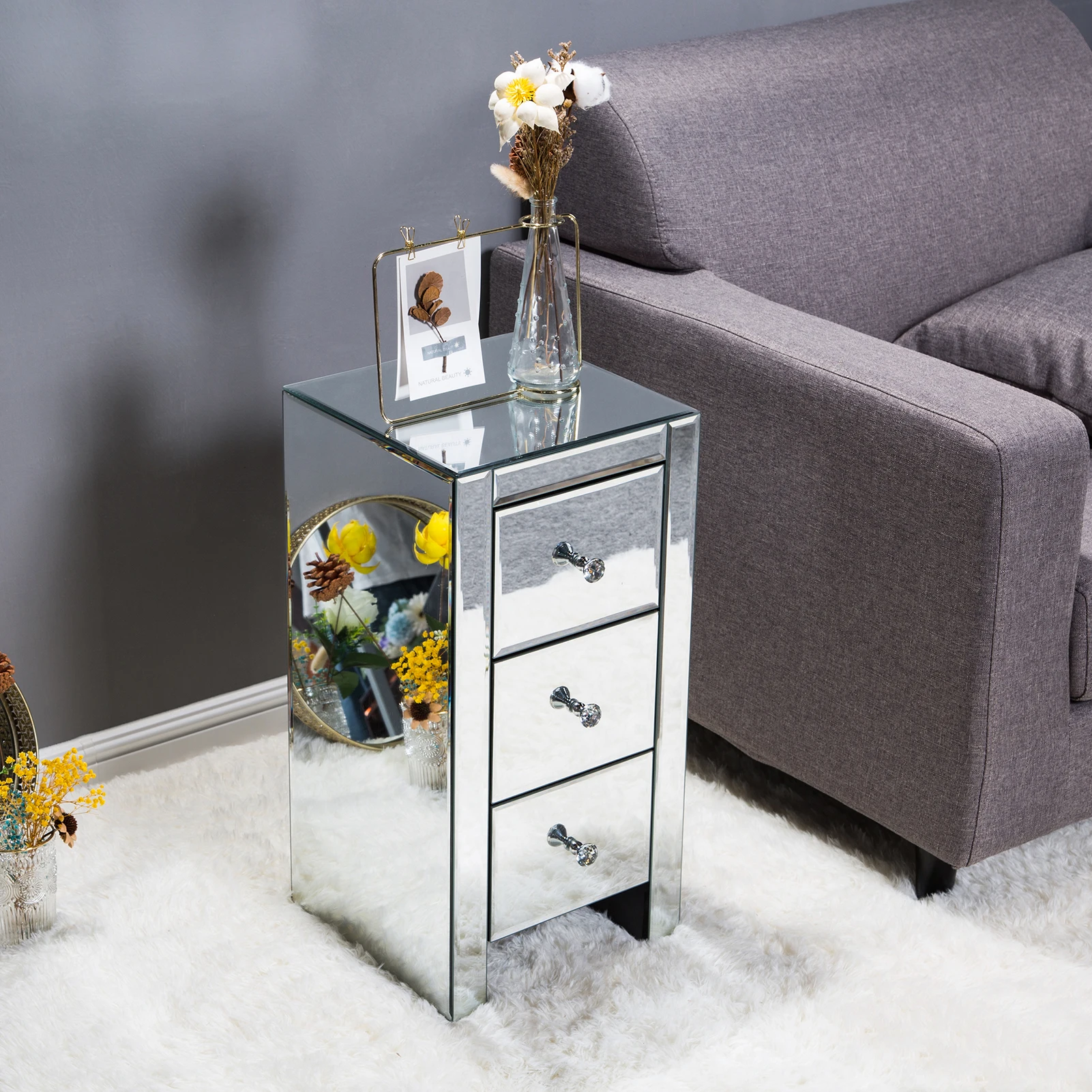 

Mirrored Glass Bedside Table with Three Drawers