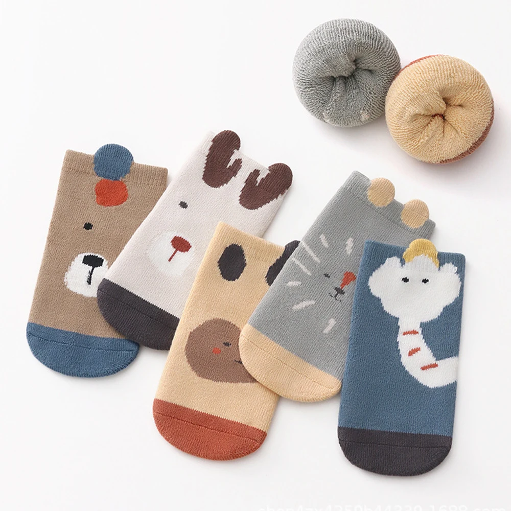 5 pairs  thickly padded woolen baby socks, self-adhesive anti-slip children's floor socks, baby walker socks