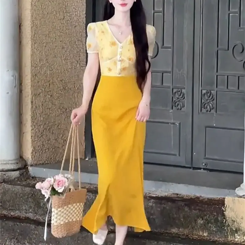 ใหม่แฟชั่นพิมพ์ลายดอกไม้ผู้หญิงฤดูร้อนแฟชั่น Patchwork เอวสูง Midi ชุด Slim Contrast สี Office Lady Vestidos