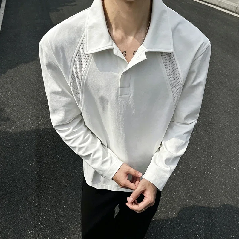 Camiseta polo de manga larga para hombre, con cuello clásico, paneles de malla, corte holgado, estilo casual, de color liso, ideal para el día a día, prenda de vestir masculina.