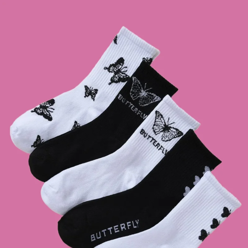 

5 Pairs Fashion Cotton Socks Mid Length Stockings Set in With Butterfly Pattern Popular Versatile High Quality New Women's Socks