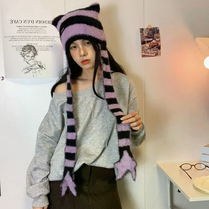 Y2k ثقافة فرعية فتاة حلوة بارد نمط قبعة نجمة مخطط أفخم محبوك قبعة