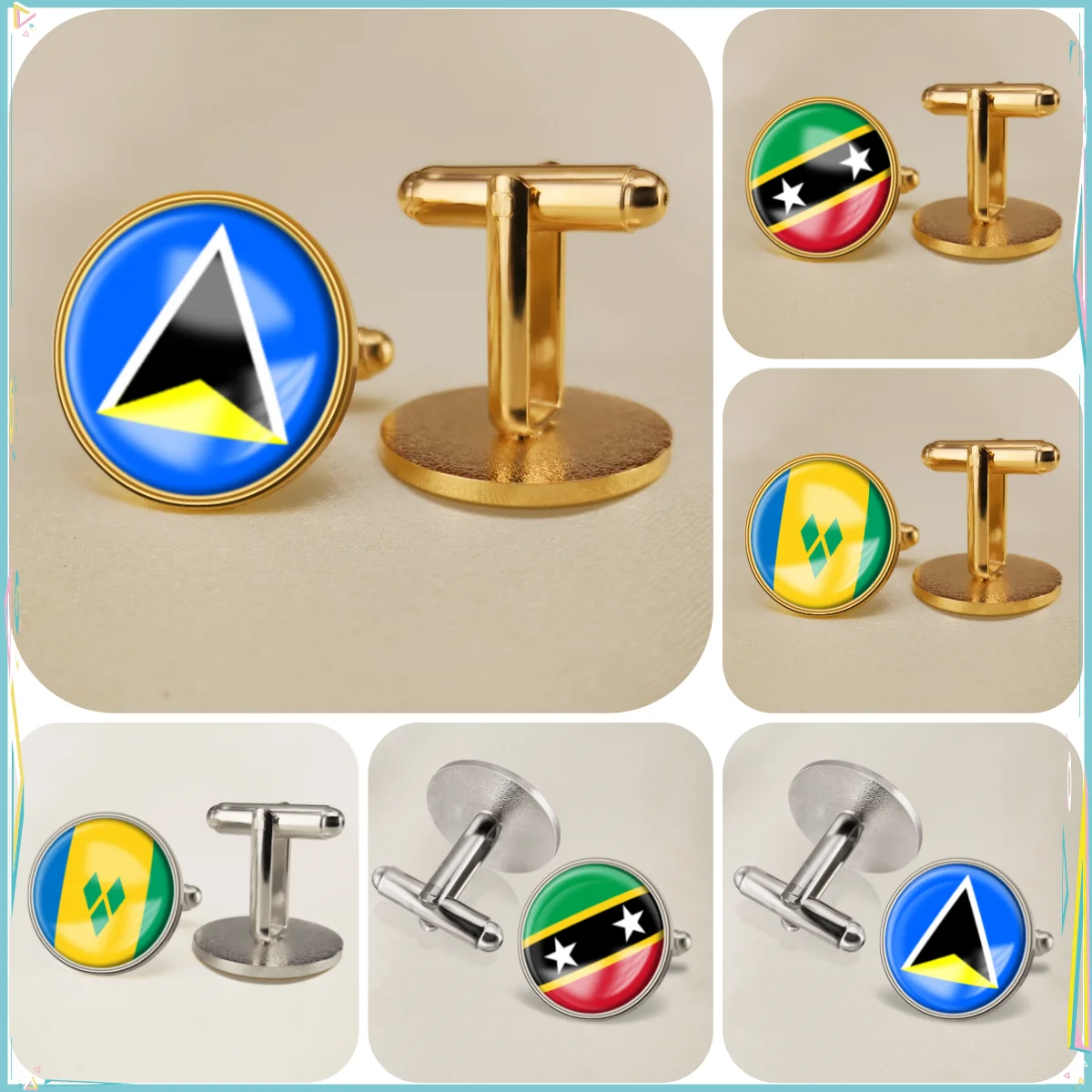 Saint Lucia Saint Kitts and Nevis Saint Vincent and the Grenadines National Emblem Flag Cufflinks