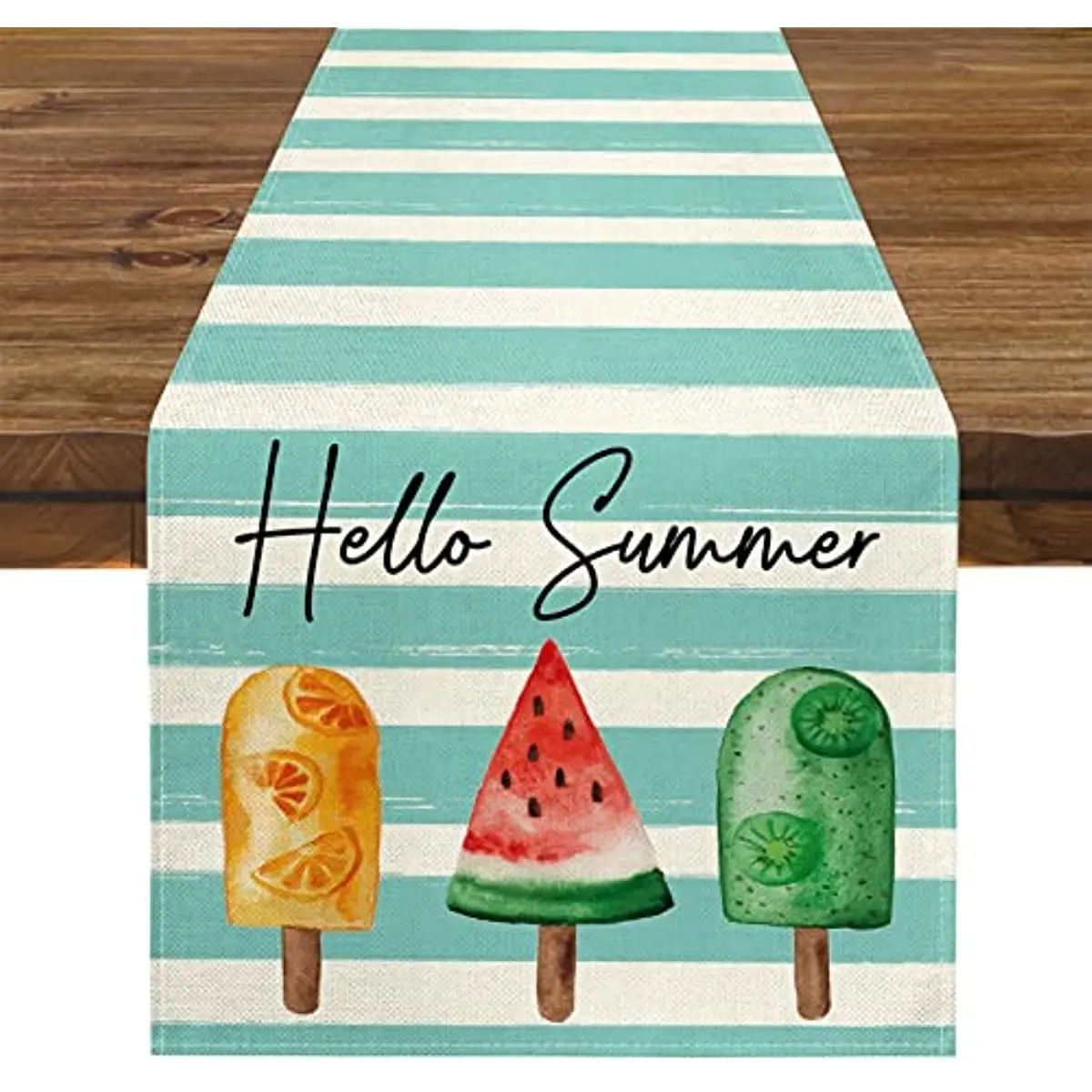 Hello Summer Ice Cream Linen Table Runner Holiday Party Decor Kitchen Dining Table Runner for Farmhouse Table Decorative