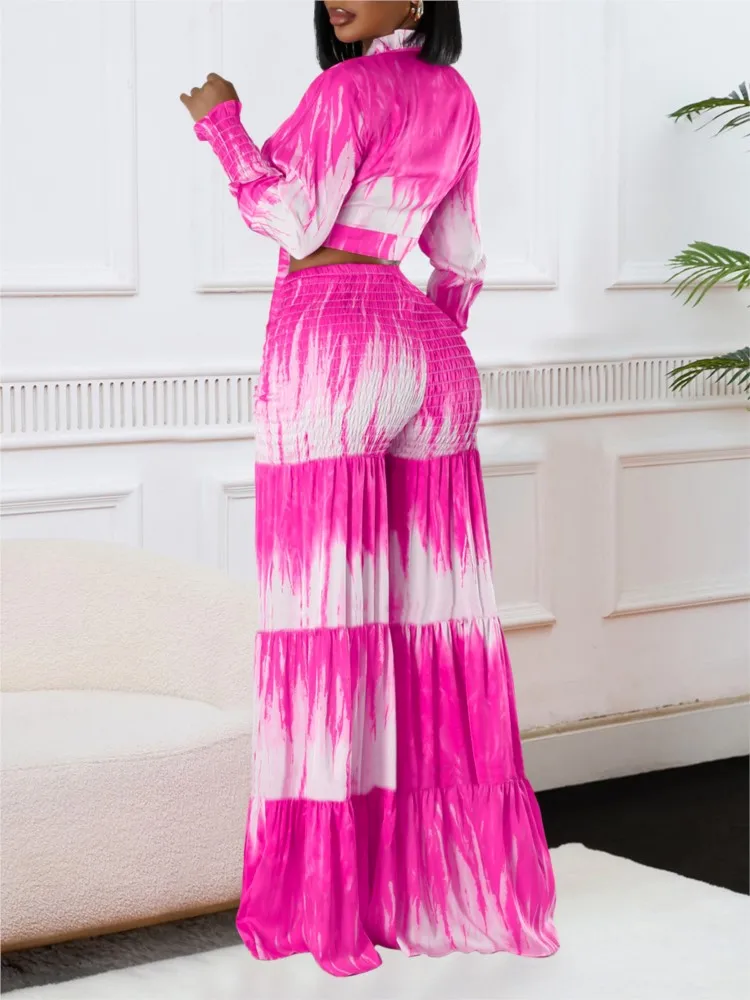 

Модный женский комплект с принтом и завязками на подоле, рубашка с длинным рукавом, широкие брюки, 2025 г., пляжный летний новый комплект из двух предметов, спортивный костюм