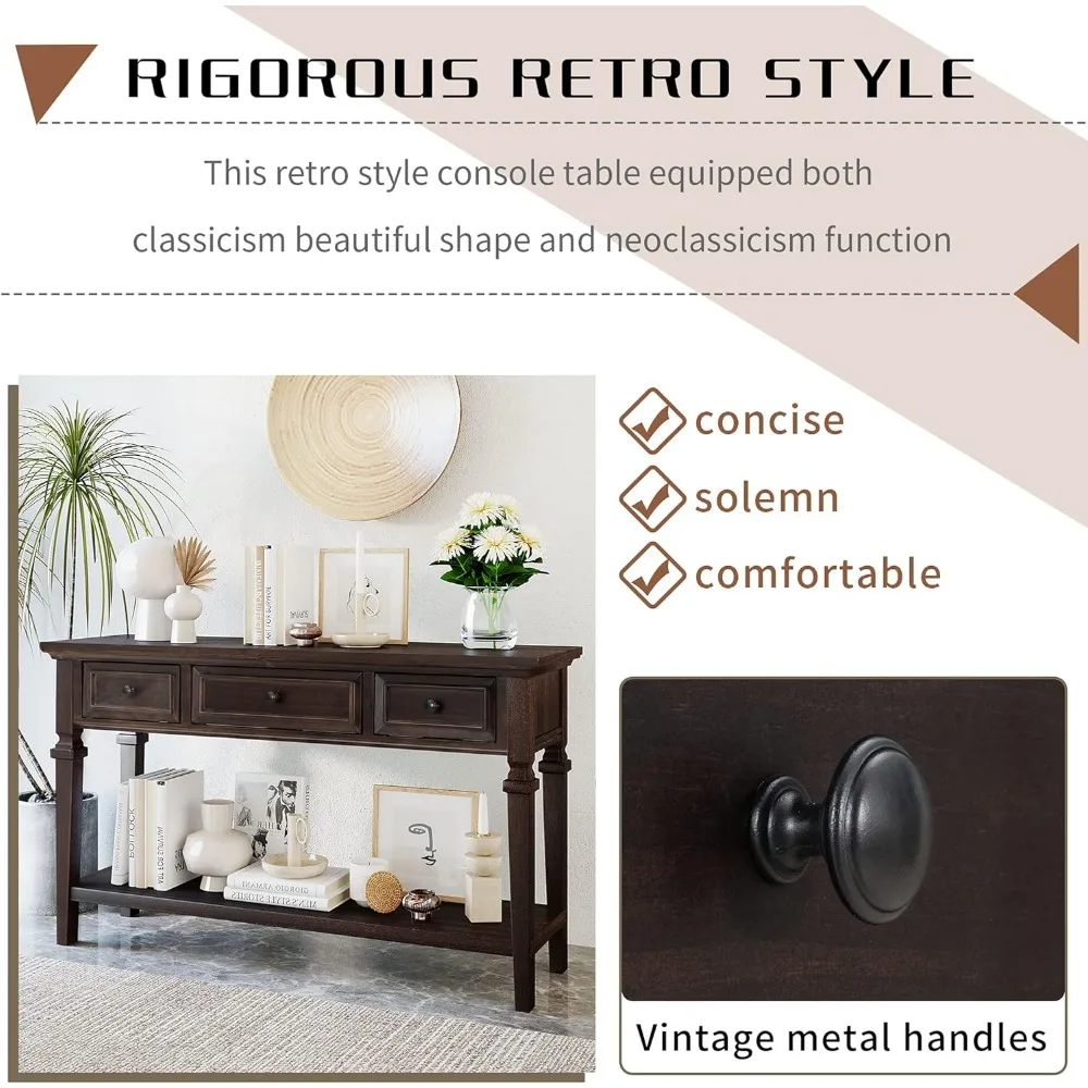 50" Console Table with 3 Drawers, Retro Entryway Table with Storage and Bottom Shelf, Narrow Long Sofa Table for Entryway