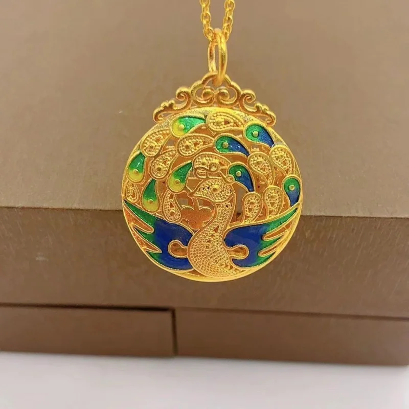 Traditional Enamel Plated Phoenix Dance Nine Heavens Pendant Brass Plated Fu Character Peacock Filigree Hollow Pendant Wholesale