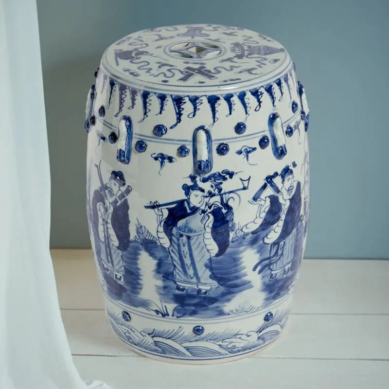and Hand-painted blue white porcelain stool featuring the Eight Immortals, blue and white embroidered stool, ceramic stool,