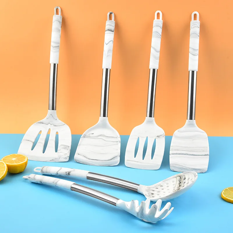 Silicone Kitchenware 11-piece Set Kitchen Non-stick Spatula Spoon Marbled Stainless Steel Baking Tools Cooking Tools