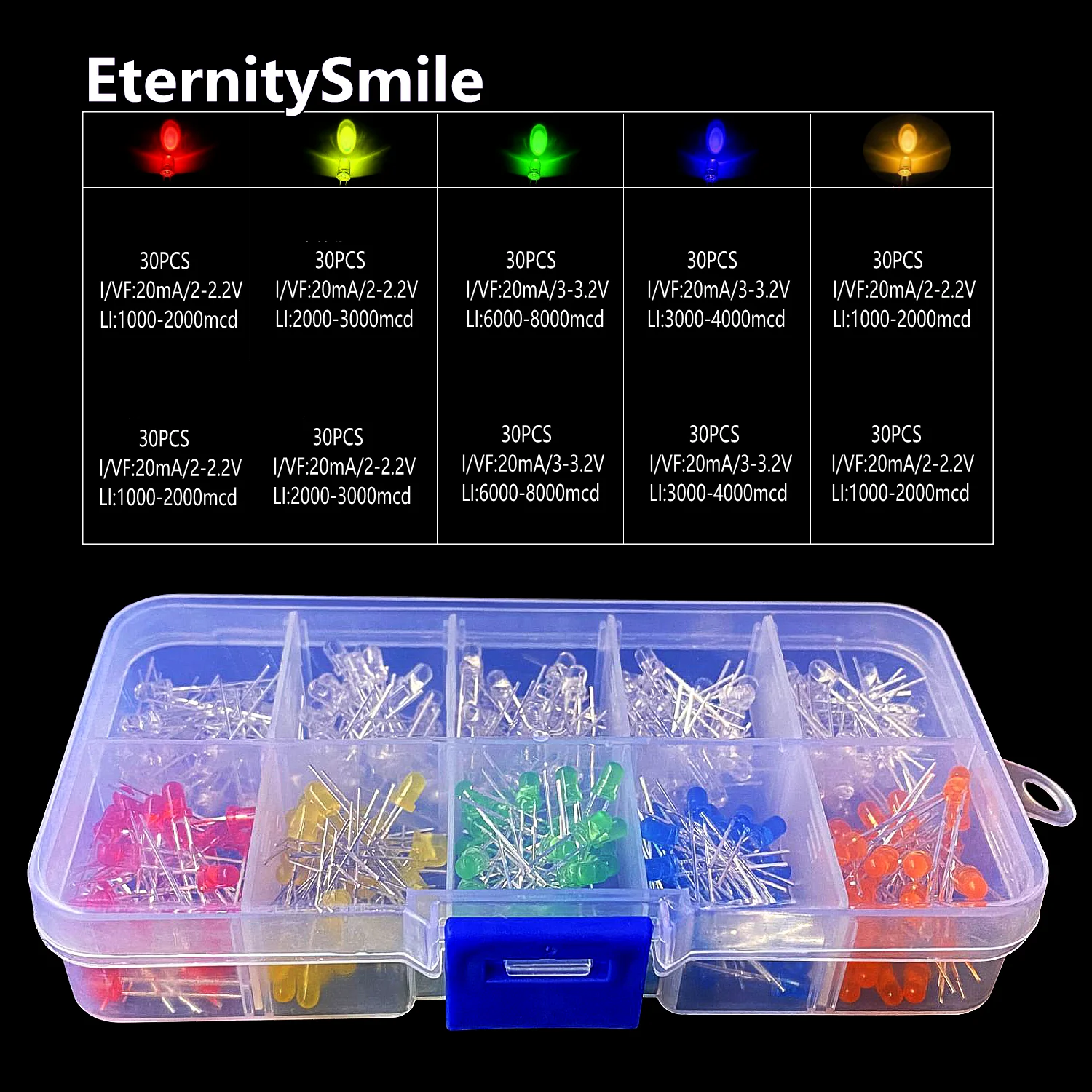 300Pcs/Box 10Values 3mm High Brightness LED Diode Assortment Kit Red Green Yellow Blue Orange