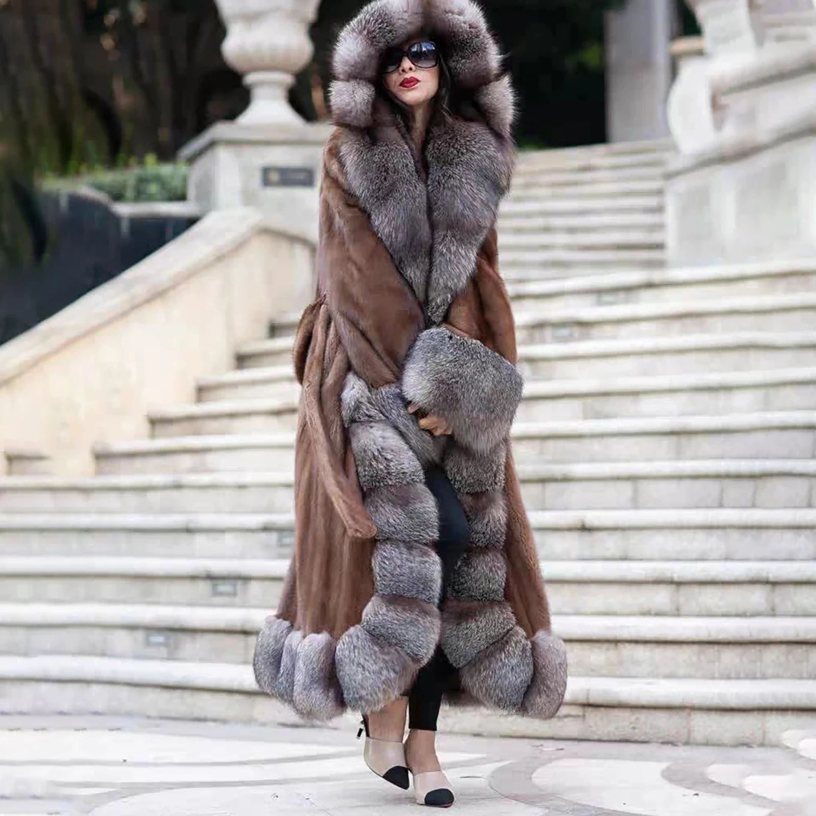 130cm Long Real Mink Fur Coat With Hood High Quality Genuine Mink Fur Crystal Fox Overcoat With Belt Trendy Fur Overcoats Woman