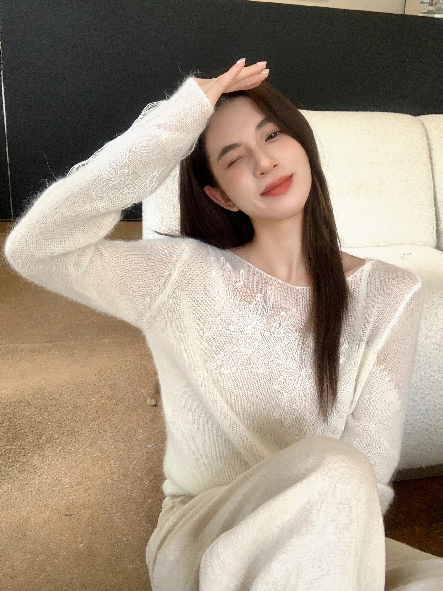 

Soft Woolen Knitted One-oulder Hollow out Top for Women Casual Sle Floral Embroidery Straight Cut Long Sve Sweater