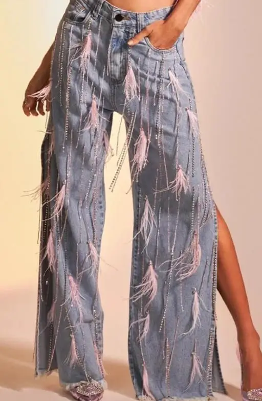 Women's Fashion Nail Buckle Decoration Tassel Loose Straight Tube Denim Pants with Side Slit Stylish Casual Jeans