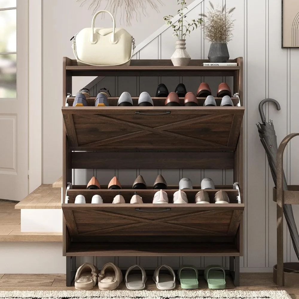 خزانة تخزين أحذية رفيعة مع أدراج قابلة للطي، منظم قائم بذاته للمدخل، خشب الجوز الداكن #3