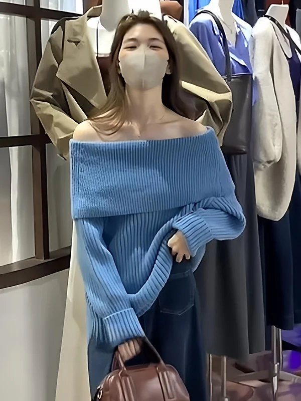 

Early Autumn Aosphere Blue Knitted One-oulder Long Sve Women's Top Casual Loose Fit Soft Fabric Daily Wear