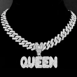 Iced Out Bling QUEEN Pendant Necklace for Women Prong Miami Cuban Link Chain Letter Necklace Punk Hiphop Jewelry