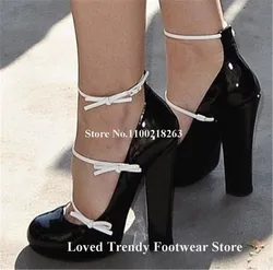 Elegant Straps Bowtie Chunky Heel Pumps Round Toe Black White Patent Leather Patchwork Thick Heel Party Heels Wedding Shoes