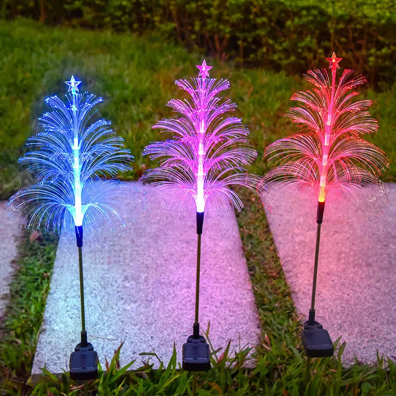 Solar Christmas Tree Garden Stake Lights Outdoor Waterproof Color Changing Christmas Lighted Optical Fiber Xmas Pathway Lights