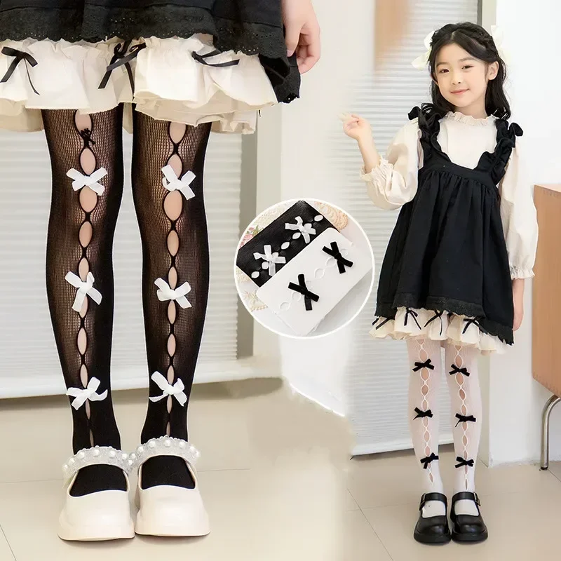 

JK Kids Girls Tights Retro Lolita Lace Bows Pantyhose Stockings for Children Summer Breathable Thin Mesh Stocking Decor Sock