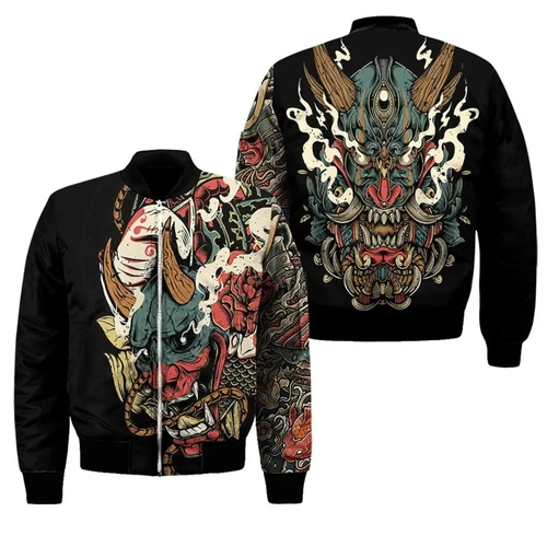 Imagen 2 del producto Chaqueta Bomber con estampado 3D para hombre, chándales con cremallera, ropa informal, máscara Samurai Oni, tatuaje, primavera y otoño