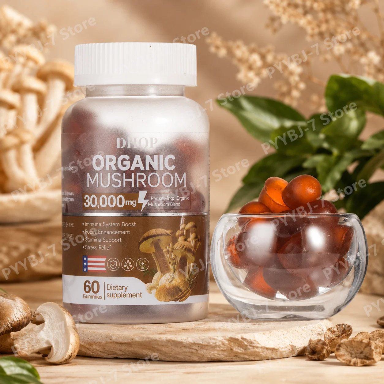 5Mushroom Blend Gummies with Lion’s Mane Reishi Cordyceps Chaga Turkey Tail and Vitamin D3 Immune Energy Daily Focus Support