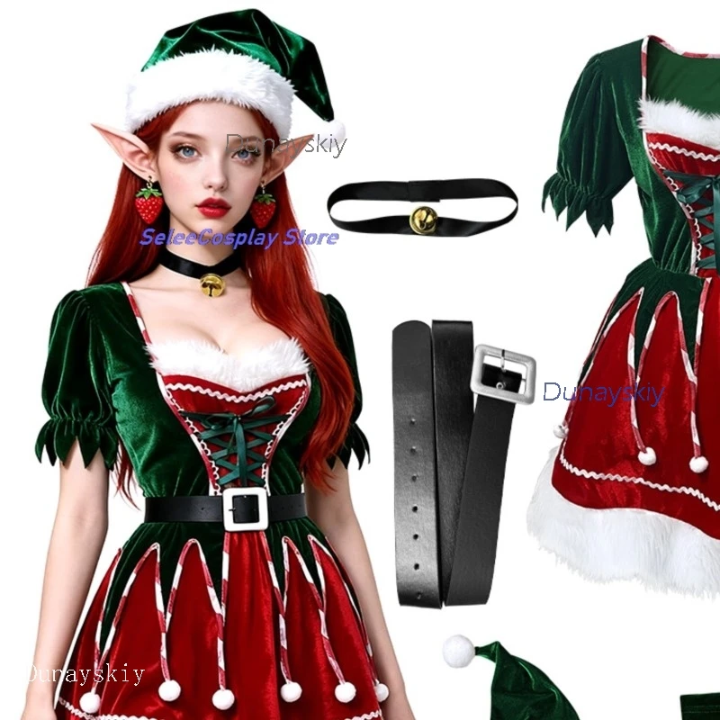 Navidad disfraz de Navidad vestido de elfo disfraz de Cosplay Sexy para fiesta de Halloween rojo verde disfraz de Navidad fiesta de año nuevo 202