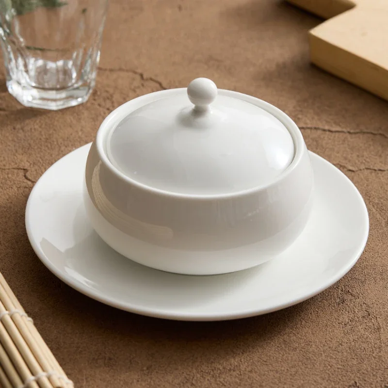 Ceramic Stewing Soup Cup with Cover Dish for Restaurant Tableware in High-class Hotel Bird's Nest Seafood Cup Single Soup Pot