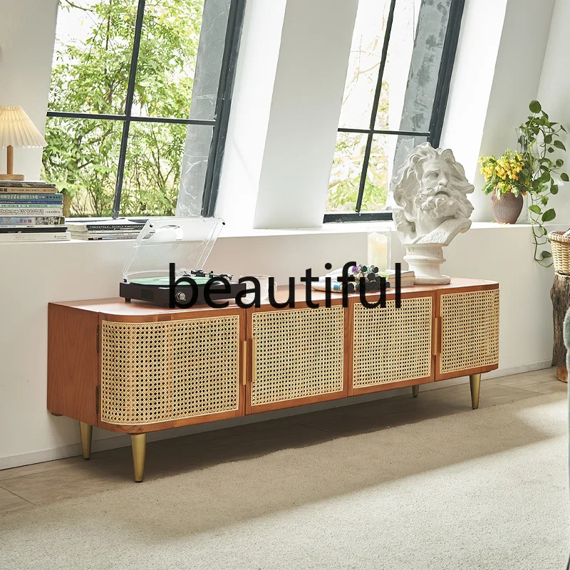 

Minimalist audio-visual cabinet Home living room Solid wood rattan TV cabinet Hotel homestay swing door storage cabinet