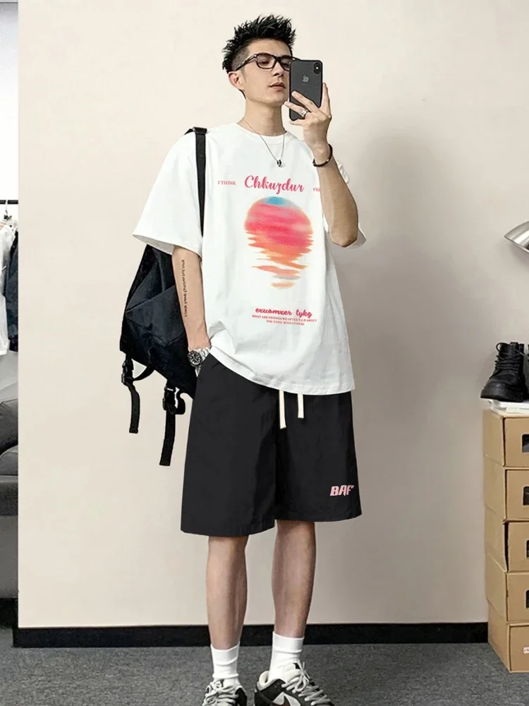 T-shirts Shorts Suits For Men White Cotton Workout Set Summer Clothes Man Sets Clothing Youthful Emo Offer 2 Piece Outfit Loose