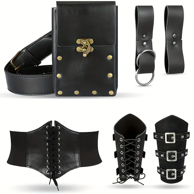 5PCS Renaissance Faux Leather Accessory Set Belt Pouch Adjustable Corset Bracers Skirt Holder Strap for Medieval Adventures