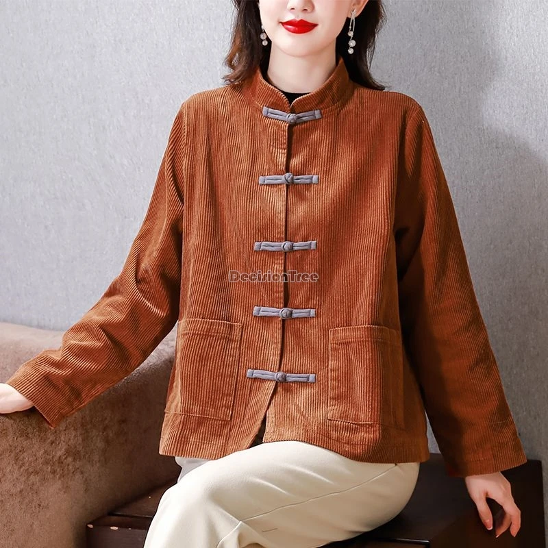 2024 chinese corduroy tang suit short coat top spring and autumn new women retro stand collar long sleeve disc buckle loose coat