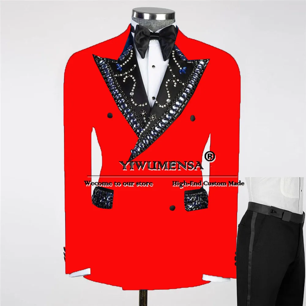 Gem Stones Beaded Velvet Suits Men Fit Double Breasted Jacket Pants 2 Pieces Groom Wedding Tuxedo Bespoke Male Fashion Clothing