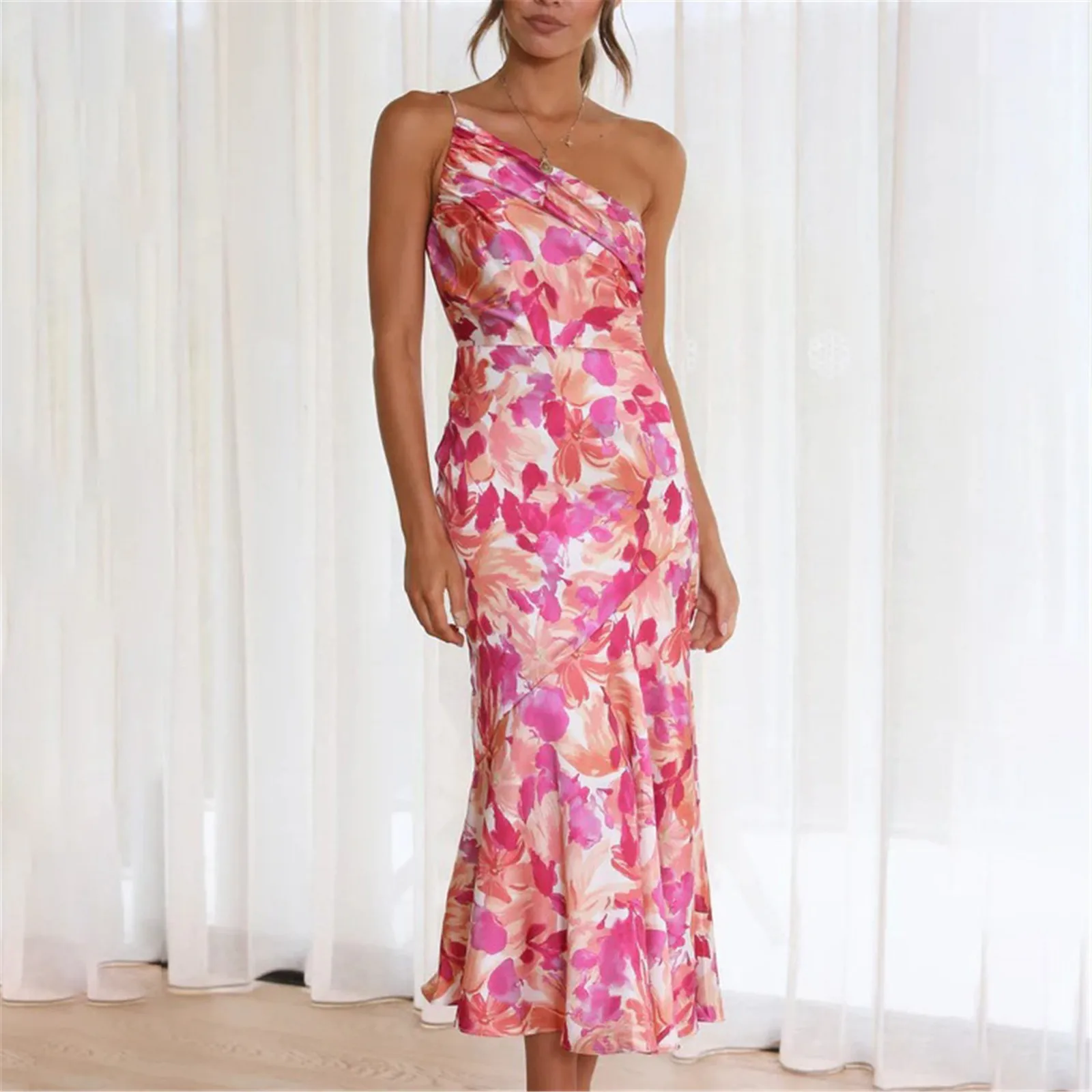 Elegant Single Shoulder Pleated Floral Print Spaghetti Dresses For Women 2024 Sexy Backless Strape Summer Midi Dress Vestidos
