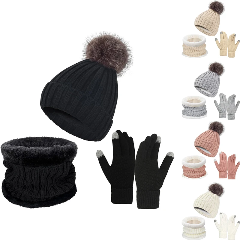 Hat Scarf Touch Screen Gloves Three Piece Set Winter Knitted Hat Thickened Warm Set