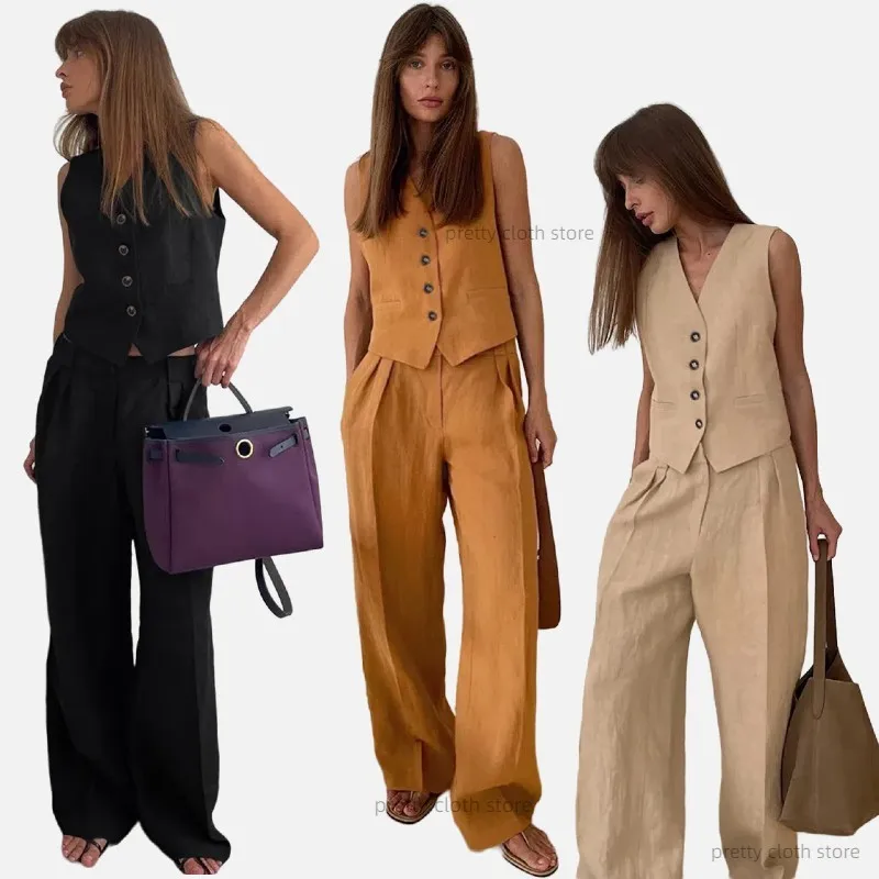 

Womem Linen Cotton Chic Vest＆Pants Suit Two-Piece Set Office Ladies Summer Chic 2Piece Set Leisure Cool And Refresh Women Outfit