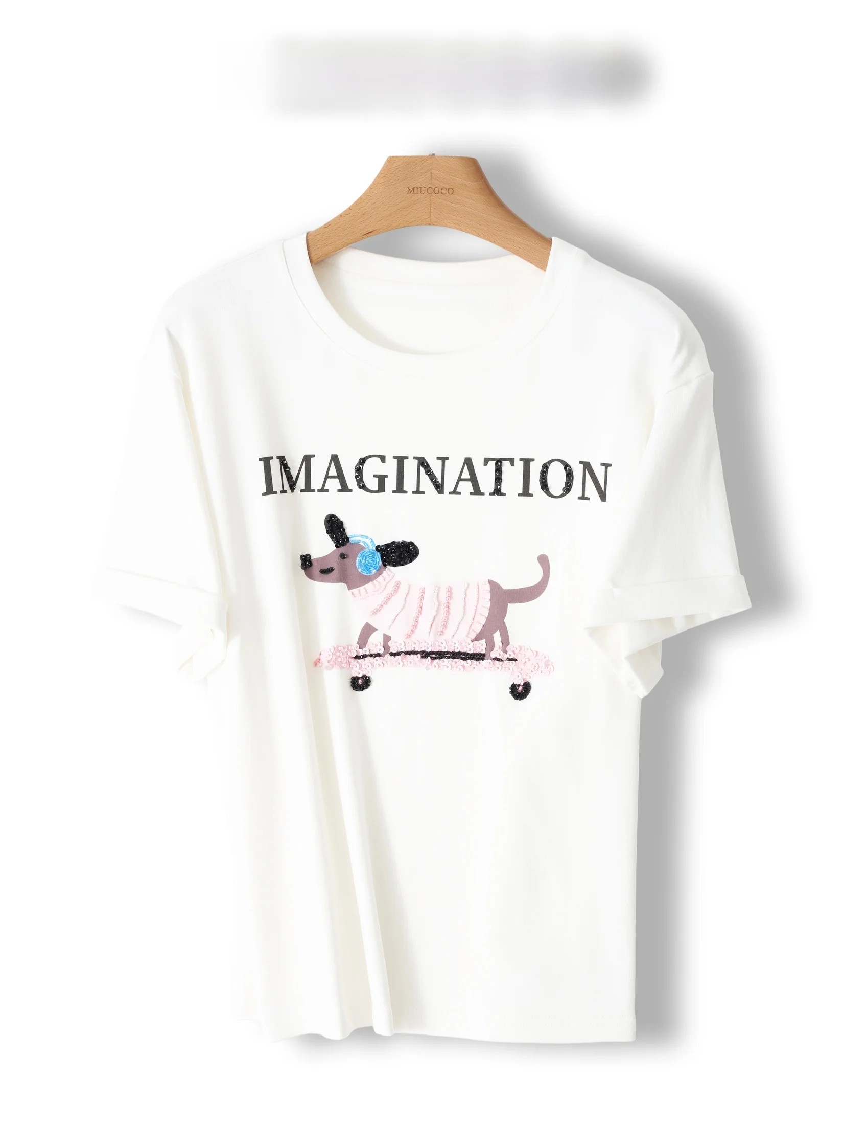 Cartoon Short Sleeve T-Shirt Women round Neck Letter Dog Bead Print Heavy Embroidery Cotton Top Versatile Commuting All Match
