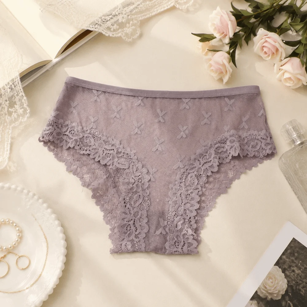 Breathable Low-Rise Sheer Mesh Underwear Seamless Butterfly Lace Trim Briefs Floral Transparent Women Lace Panties Girls